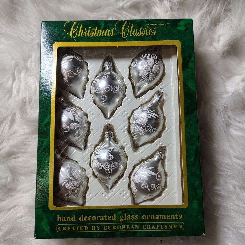Hand Decorated 8 Glass VTG Silver Ornaments European Craftsmen NIB